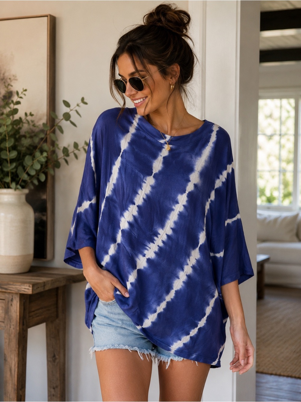 Kenar Blue and White Tie-Dye Relaxed Tunic